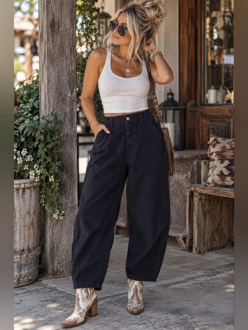Hitorii Black Barrel Leg Pants High Rise Elastic Waist Size Small
